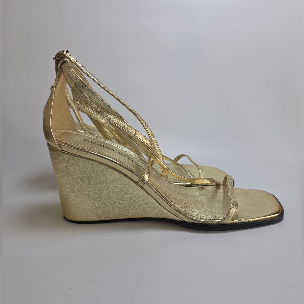 Tamara Mellon Nappa Metallic Gold Strappy Wedge Heels Size 40.5 - Picture 3 of 16